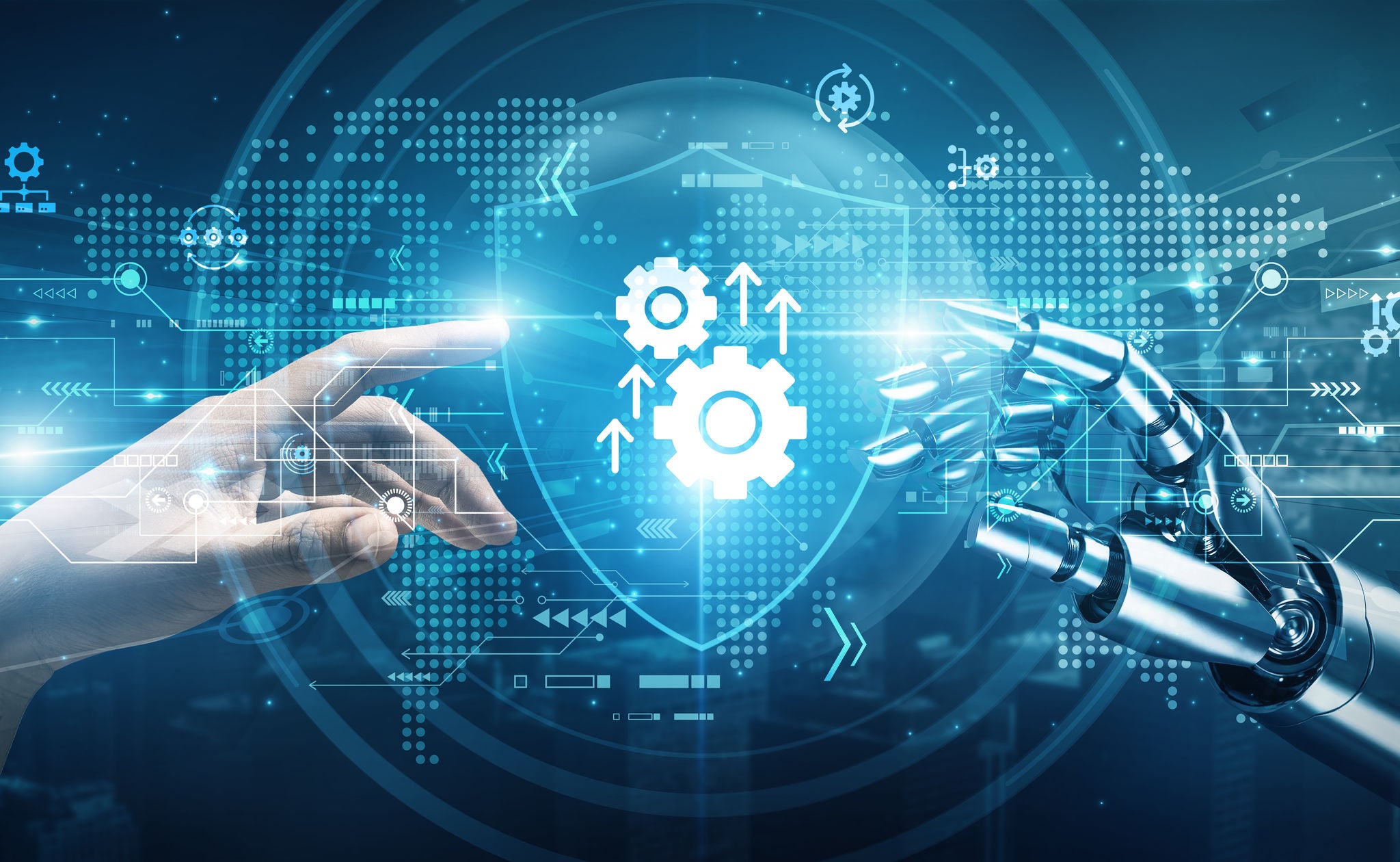 Roboterhände und menschliche Berührung in der Automatisierung steigern die Effizienz, verbessern die Präzision, optimieren Arbeitsabläufe, stärken die Zusammenarbeit, steigern die Produktivität und automatisieren Prozesse.