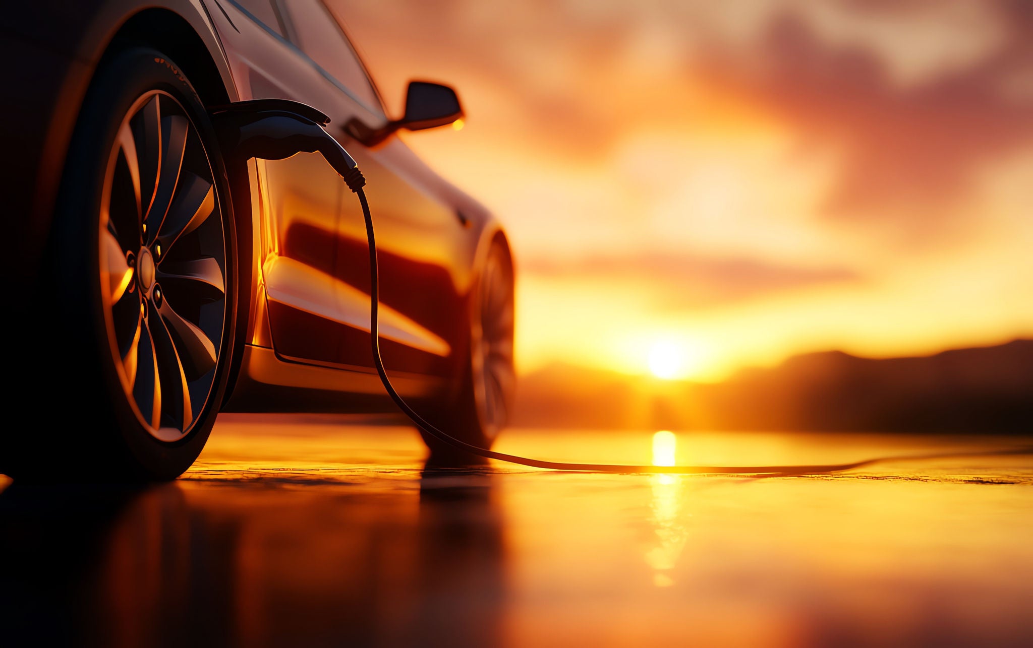 Electric car charging at sunset, showcasing modern technology and sustainable energy.