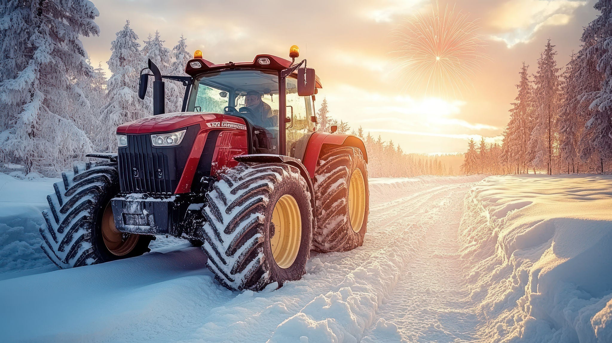 Red tractor in a snowy landscape at sunset.