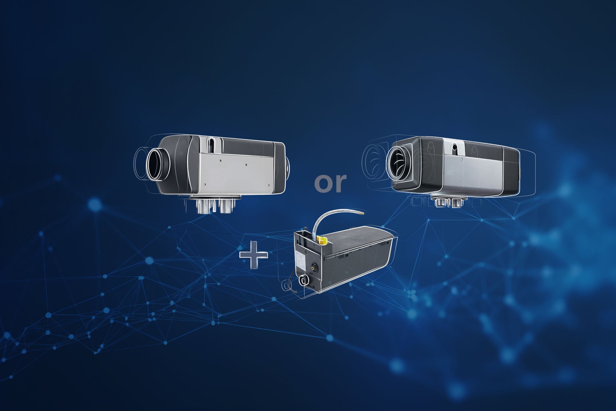 Solutions de chauffage hybrides Webasto sur fond bleu