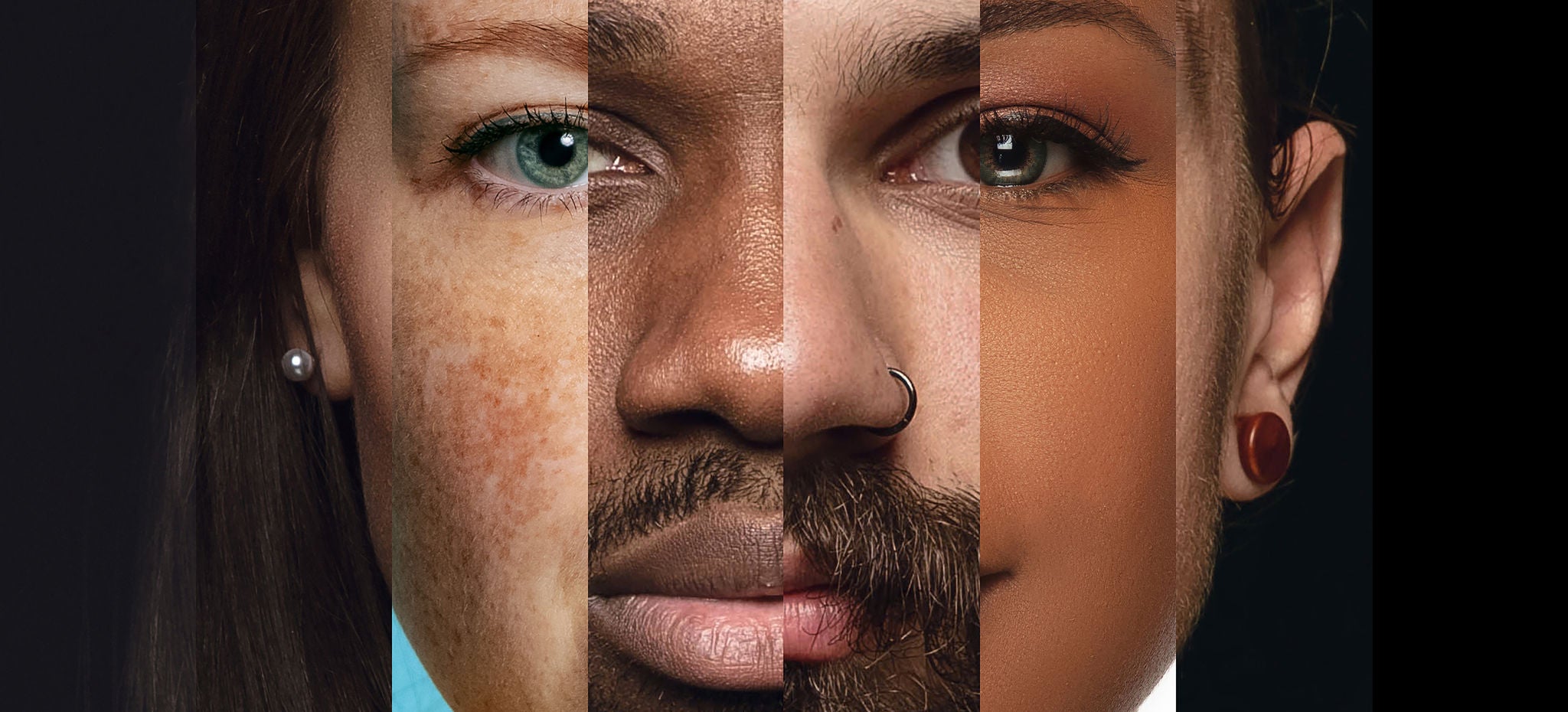 Human face made from different portrait of men and women of diverse age and race. Combination of faces. Friendship