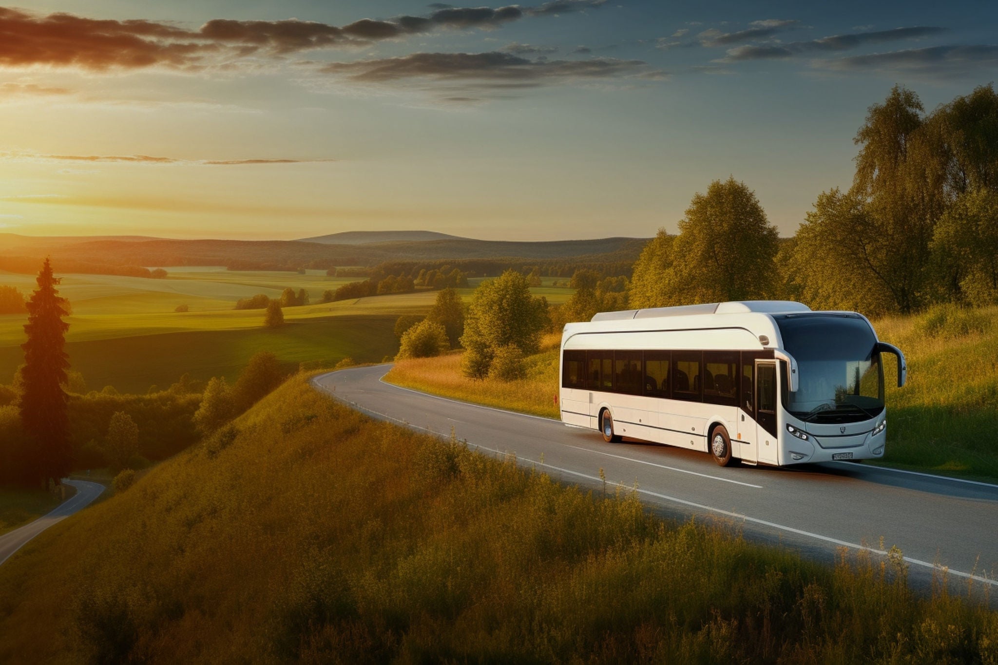 Bus driving on road with rooftop air-conditioning