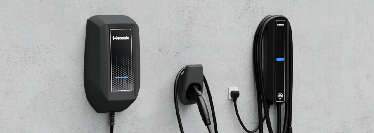 Mehrere Webasto-Wallbox-Ladegeräte inklusive Kabel und Stecker, Präsentation neuer Turbo Connect/TurboDX 2.0 Plug-In-Lösungen für Pressemitteilungen.