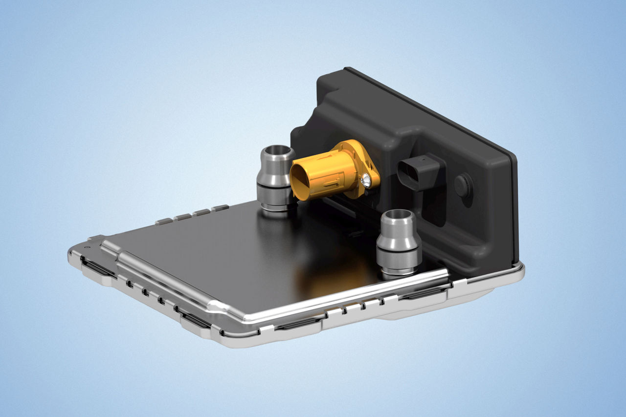 3D render of compact thermal management module with HV connector and mounting bosses, hero asset for products & solutions – vehicle electrification.