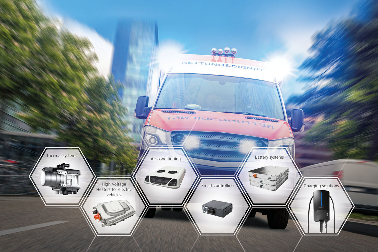 Webasto system solutions for electric ambulances: integrated battery and charging, HVAC, high-voltage heaters and smart controls for advanced thermal management.