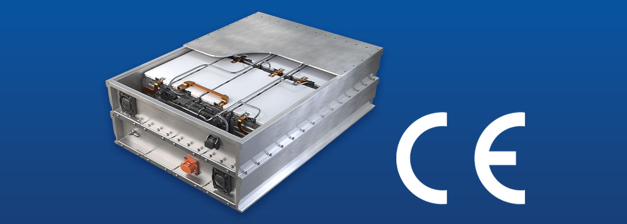 High-voltage battery system visualization with CE certification mark for Vehicle Electrification product pages, highlighting Webasto battery systems for OEMs.