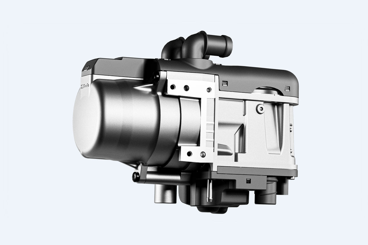 Thermo Top Evo Smart compact fuel-fired water heater on light blue background, showcasing modular mounting, pump & exhaust for Webasto thermal systems.