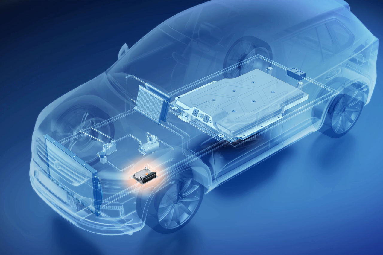 EV platform cross-section illustrating Webasto vehicle solutions: battery system, thermal-management circuit and a highlighted electrification module for OEMs.