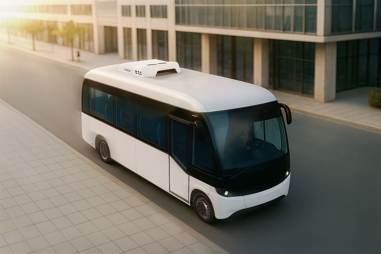 Webasto Cool Top 120-e electric rooftop air conditioning on a midibus, an energy-efficient climate control solution for commercial vehicle applications.
