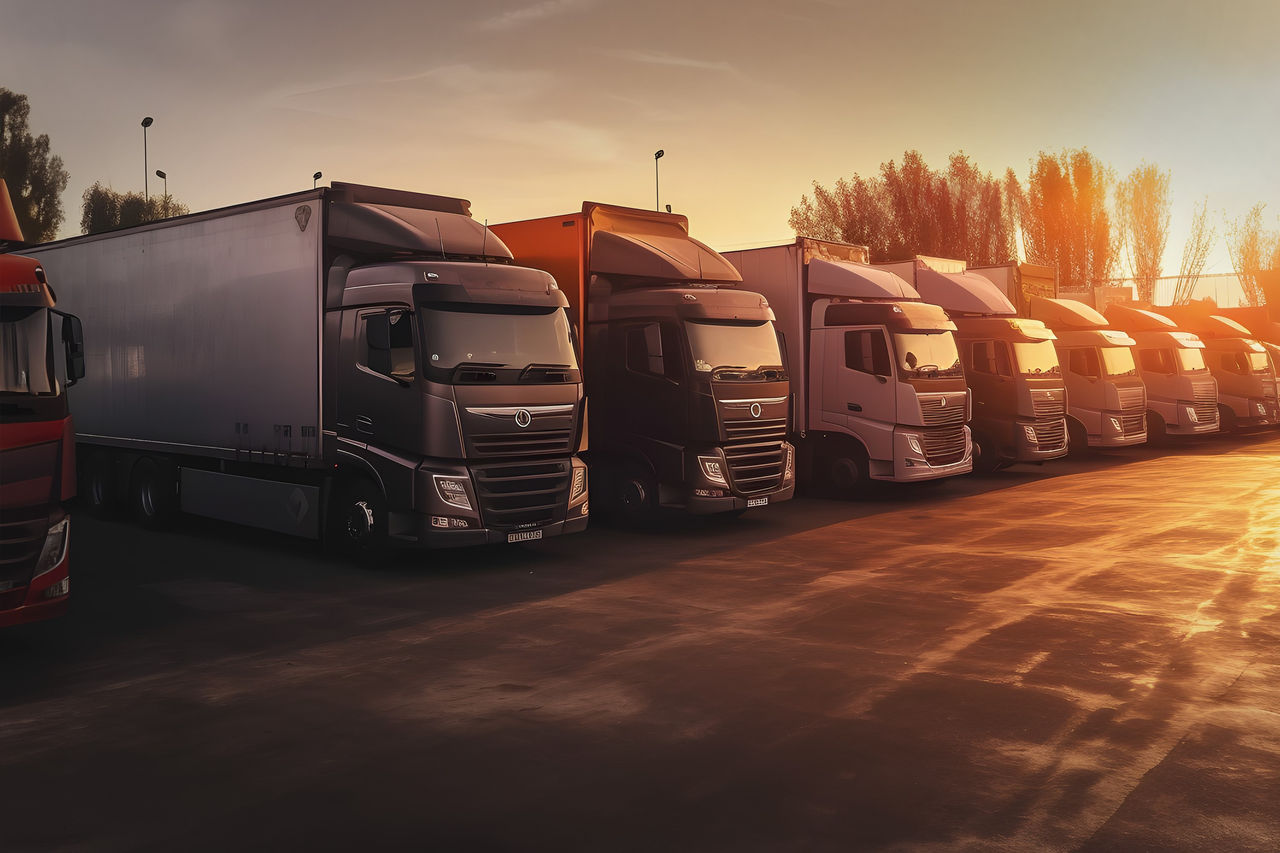 Parked heavy-duty trucks at dusk, highlighting fleet downtime and Webasto commercial solutions, auxiliary heaters, HVAC and battery thermal management.